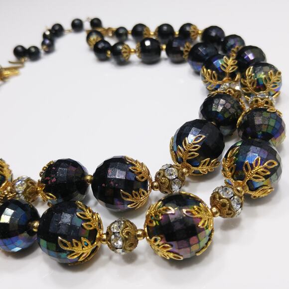 Deauville Black Faceted Lucite Bead Necklace Rhinestone Gold Tone 1950s - Picture 5 of 10
